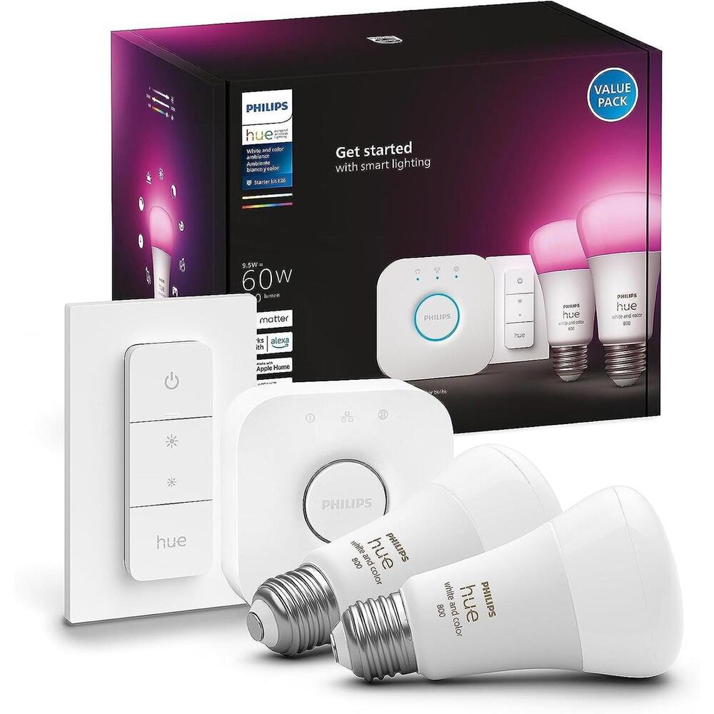 Philips Hue Smart Light Starter Kit: Bridge, Dimmer Switch, 2 A19 LED Bulbs